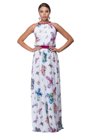 Long white chiffon dress with butterfly print WDR-0008